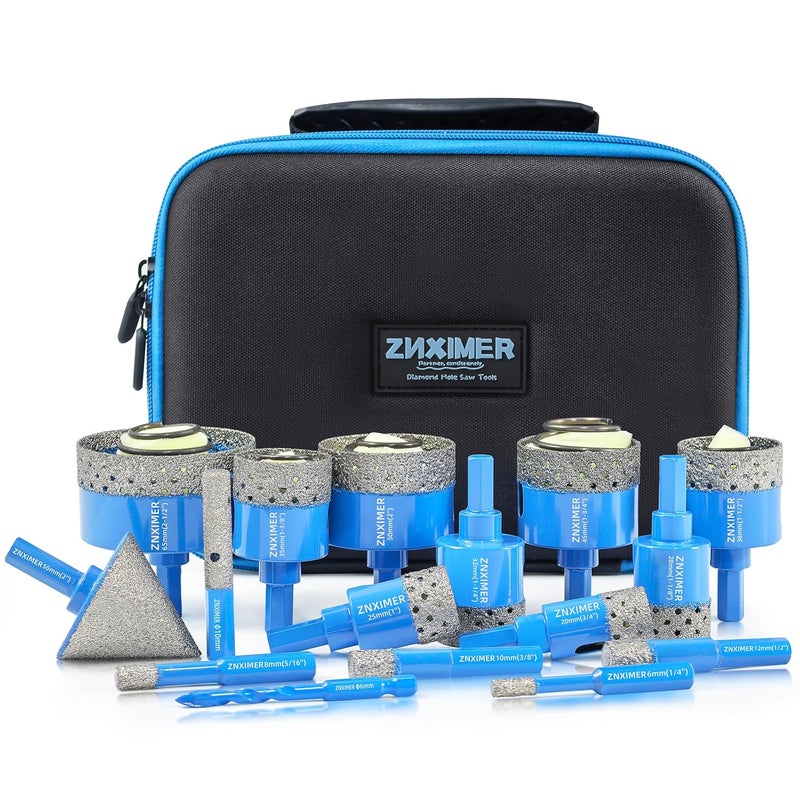 ZNXIMER Tile Hole Saw Kit - Diamond Hole Saw Kit for Tiles, Ceramic, Granite, Marble, Glass, Gypsum and More Drilling - 16pcs Tile Drill bit (6/8/10/12/20/25/28/32/35/38/45/50/65MM/2/6/10MM) - Image 1